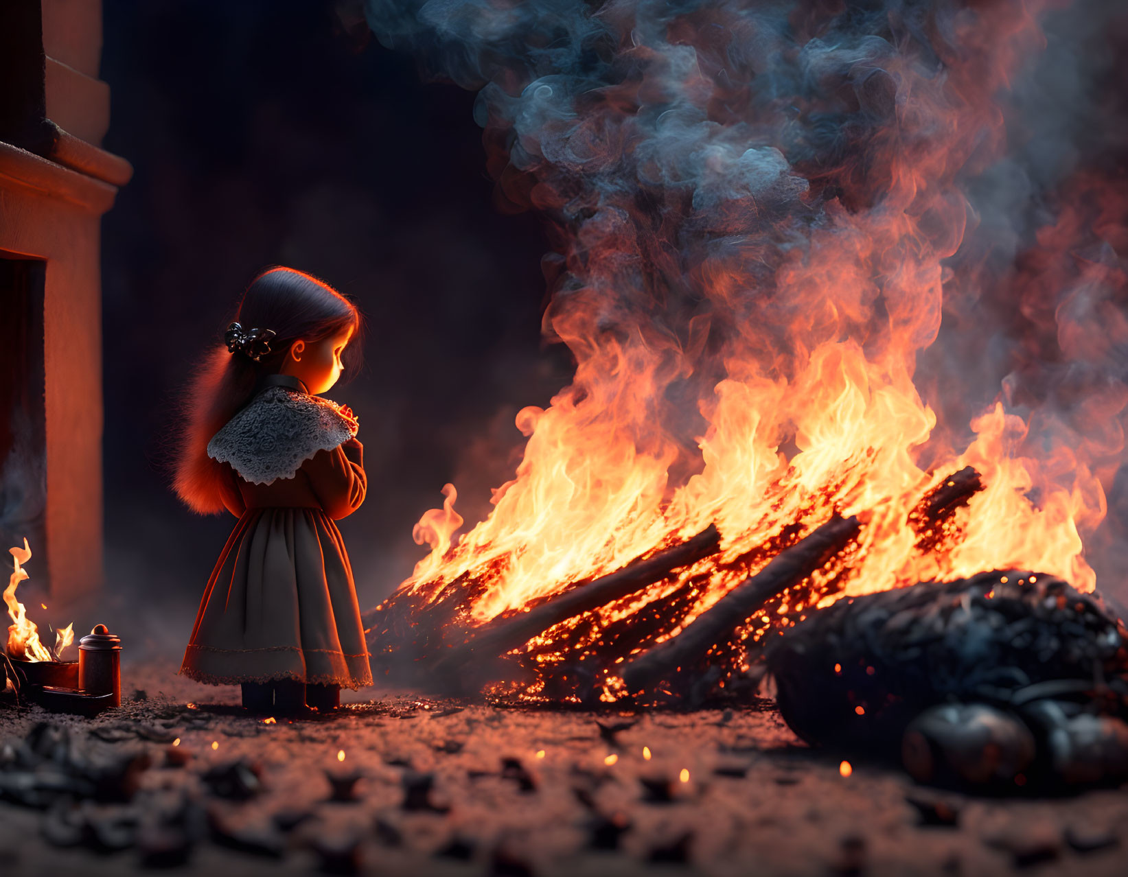 Young girl in vintage dress and cape by glowing bonfire at night.