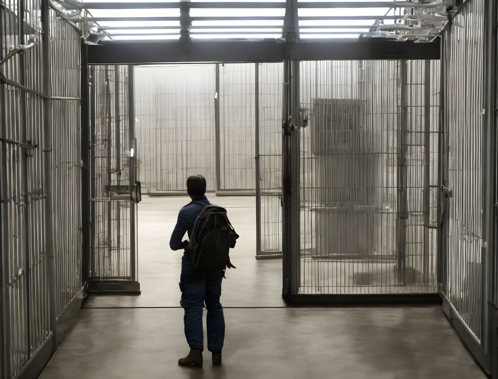 Person with backpack at entrance of modern industrial building with glass partitions