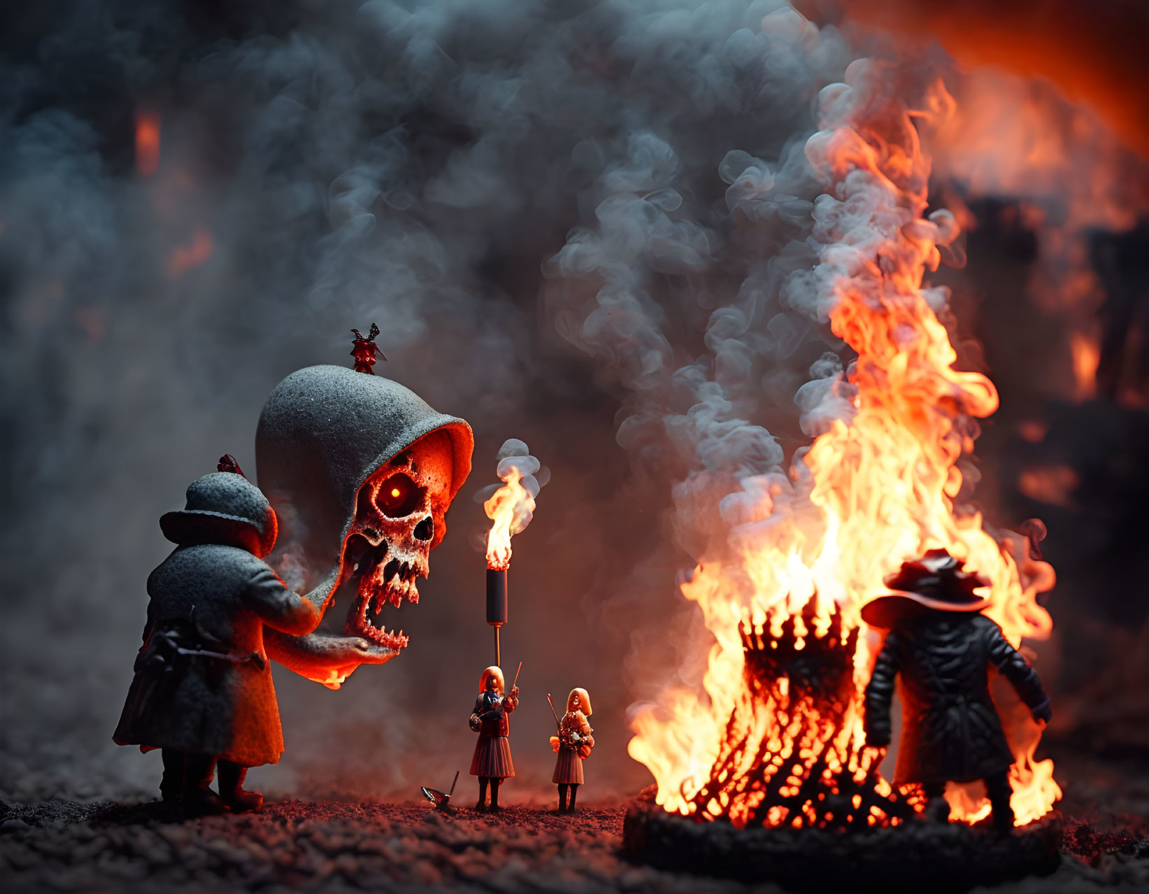 Miniature figures in cloaks by fiery pit and giant skull in dramatic scene with smoke and dim lighting