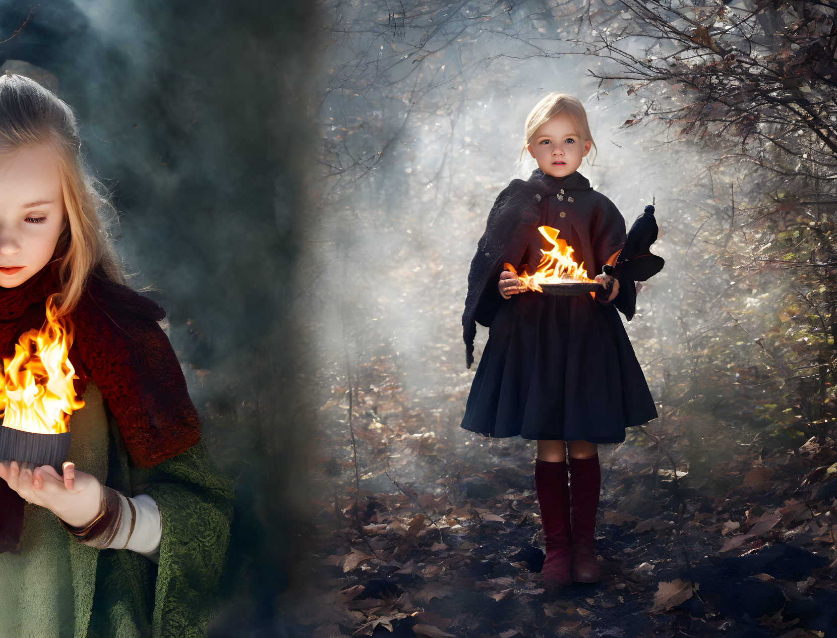 Young girl in dark cape with fire and raven in misty forest