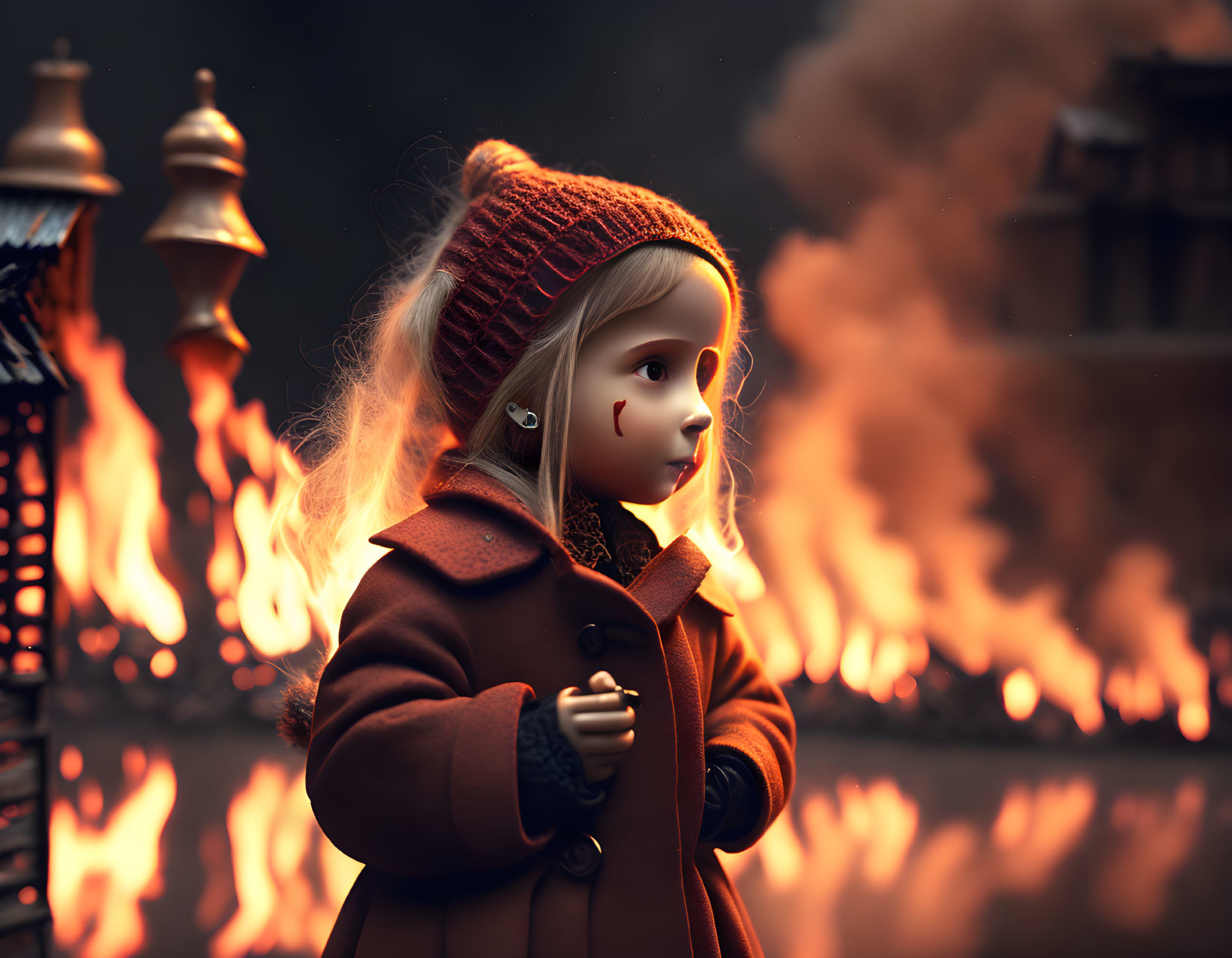 Blonde-Haired Doll in Red Beanie and Coat by Glowing Fire