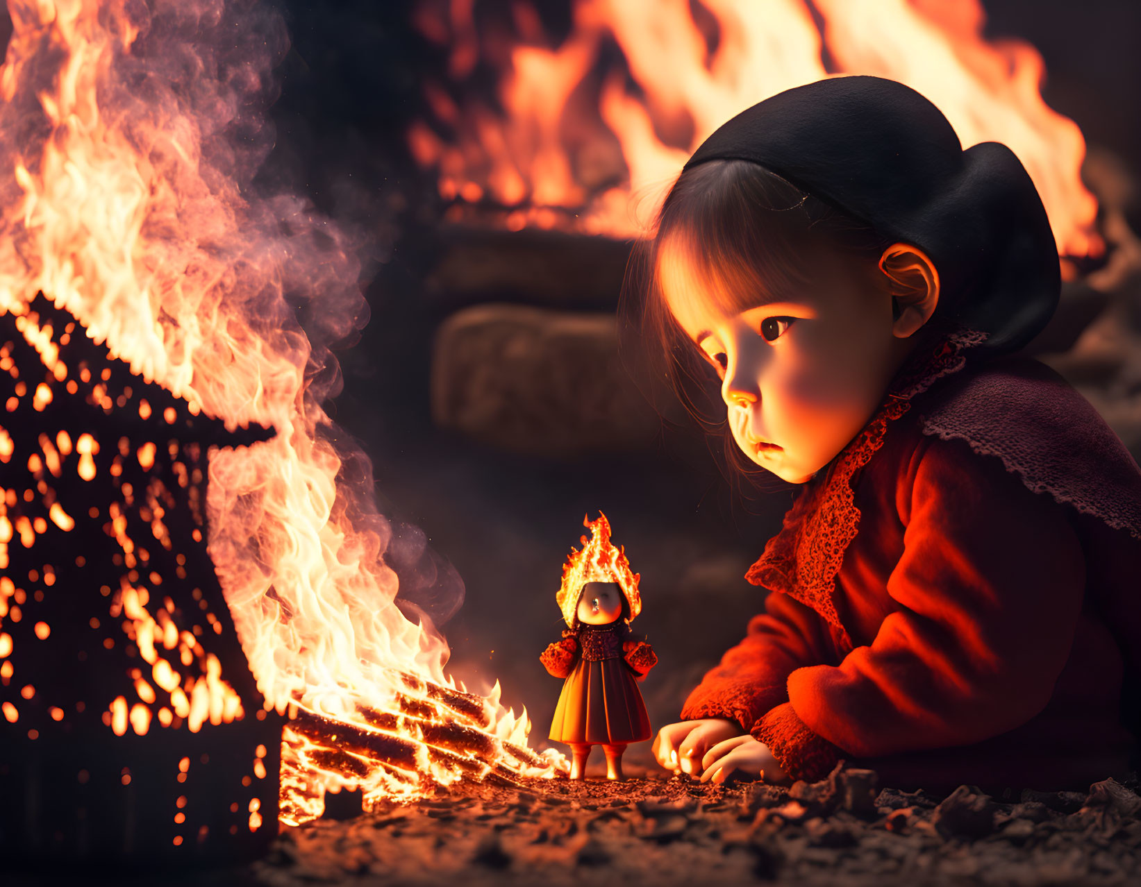 Child in red outfit by flame with doll holding matchstick head