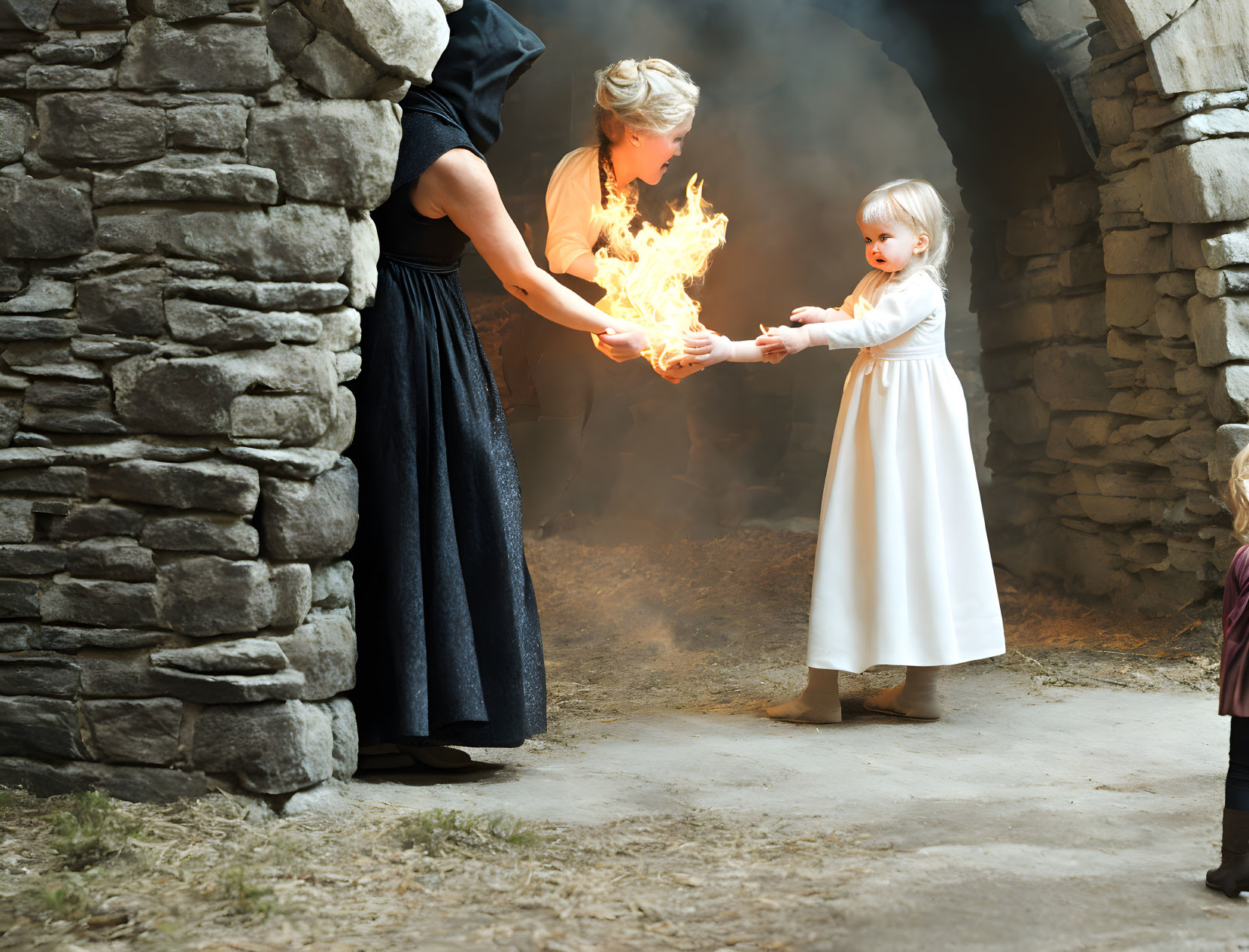 Woman passing flame to child in stone archway scene