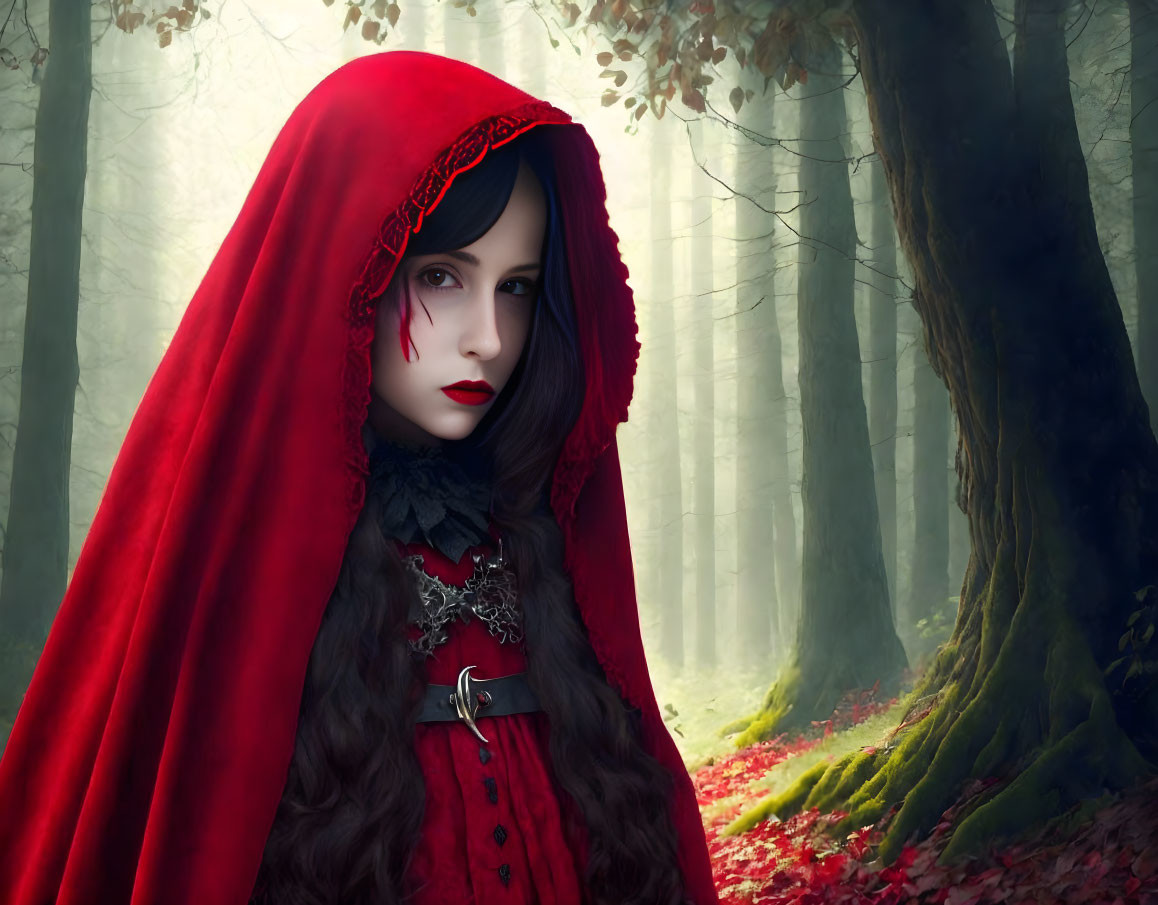 Person in Red Hooded Cloak in Misty Forest with Intricate Lace Edges