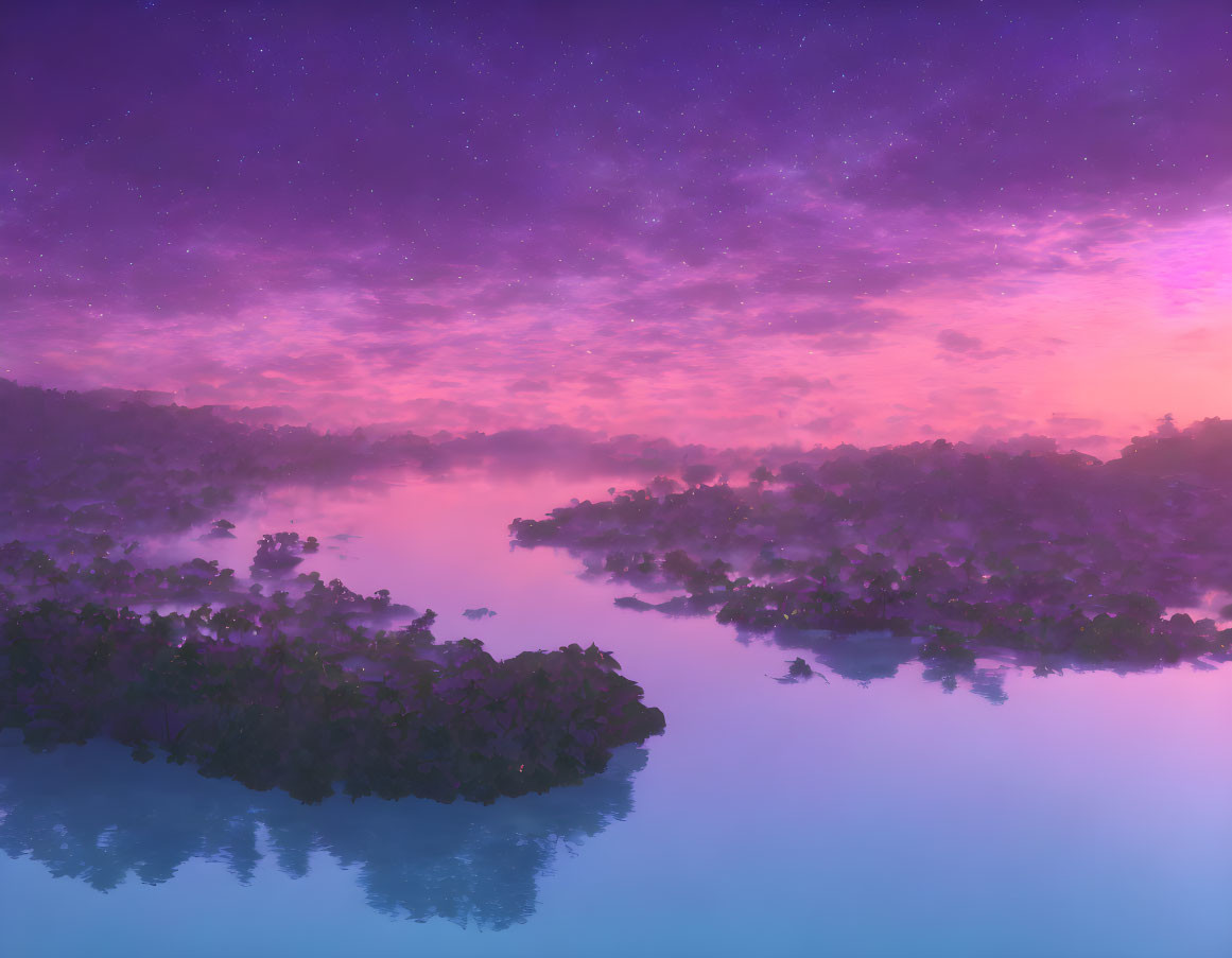 Tranquil purple and pink sky reflected on calm lake at night