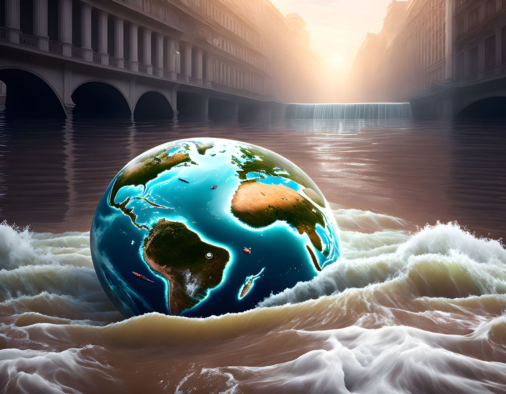 Surreal Earth sphere in rough waters with arcade and waterfall scenery