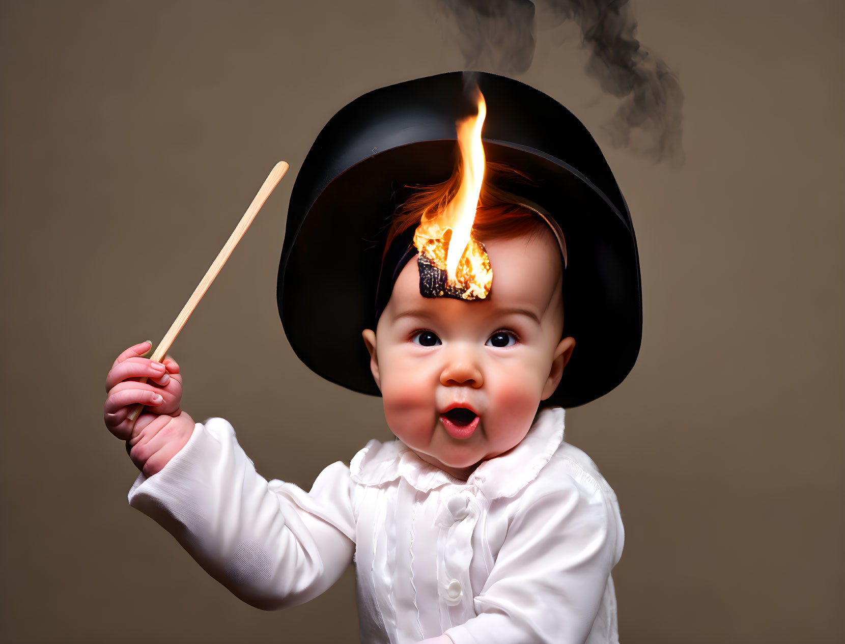 Baby in white outfit with drumstick and flame hat humorously edited.