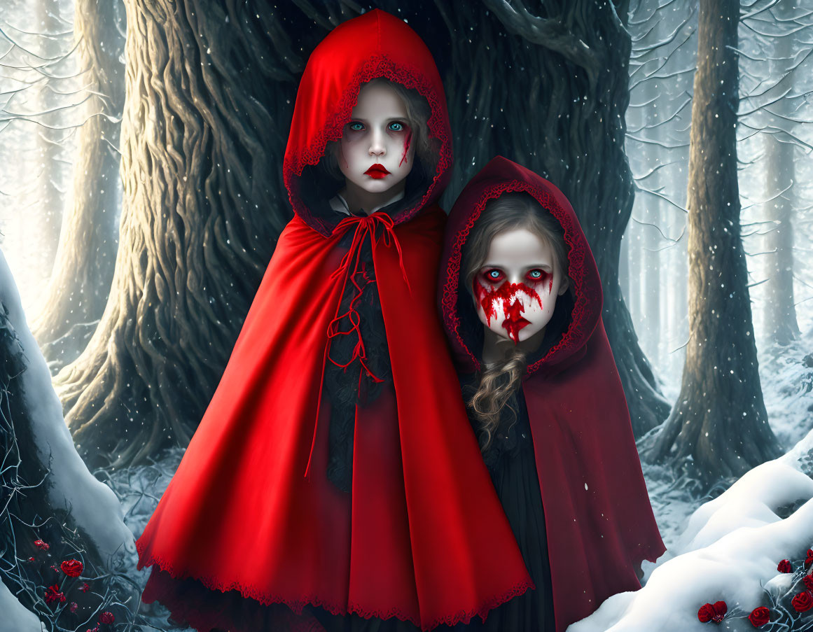 Two figures in red cloaks in snowy forest: one somber, the other with bloodstained