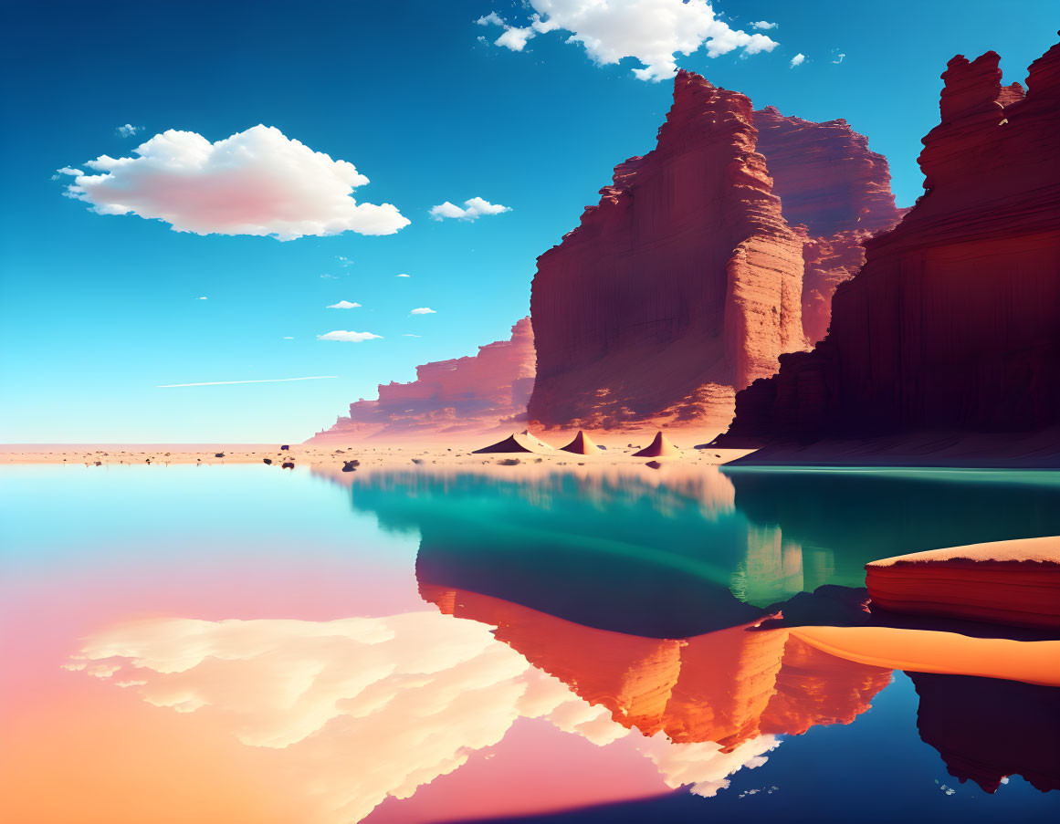 Desert Landscape with Red Rocks, Water, Sky