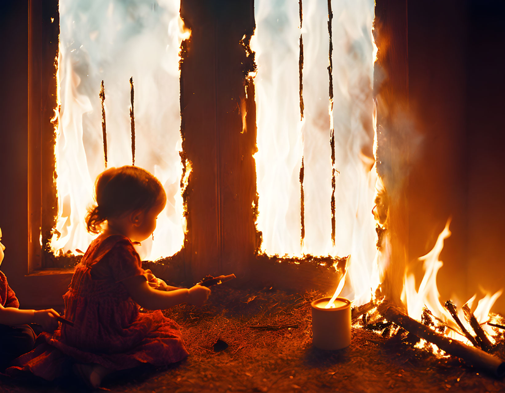 Children sitting by fiery blaze in wooden shack as intense flames engulf structure.