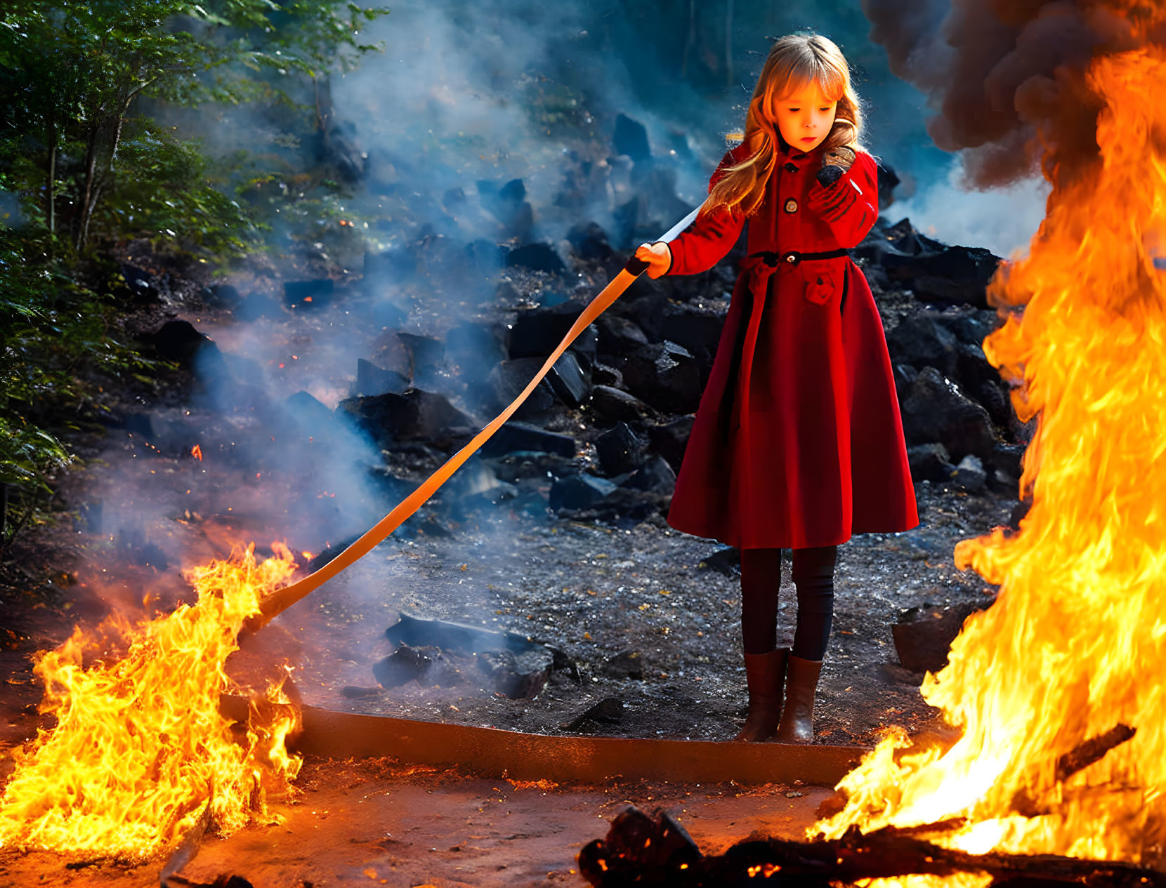 Young girl in red coat with stick near flames in smoky landscape