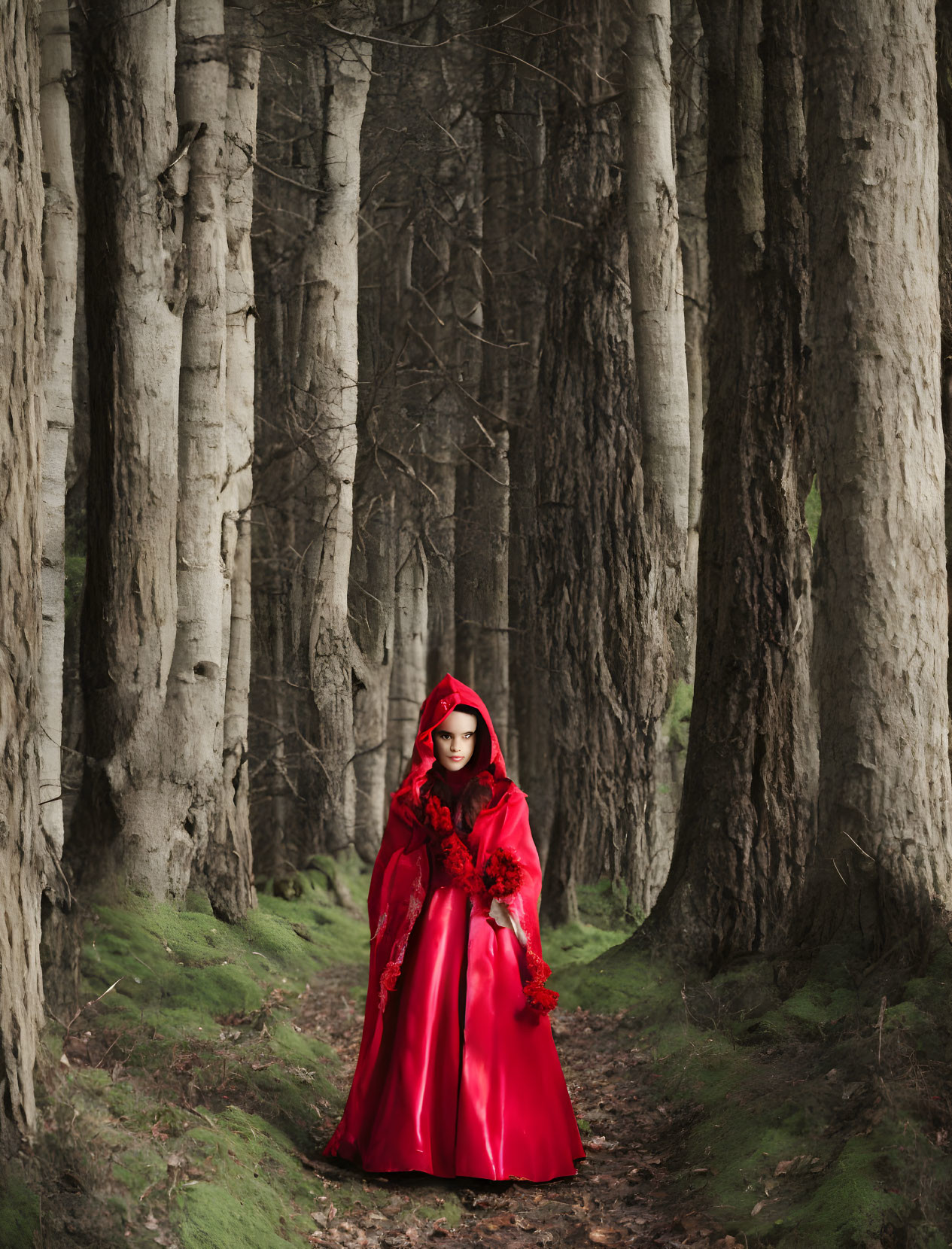 Person in vibrant red cloak among tall, bare trees in fairy tale setting