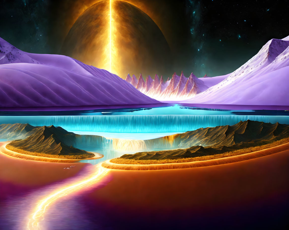 Vibrant surreal landscape with luminous river, orange land, purple terrain, and cosmic eclipse