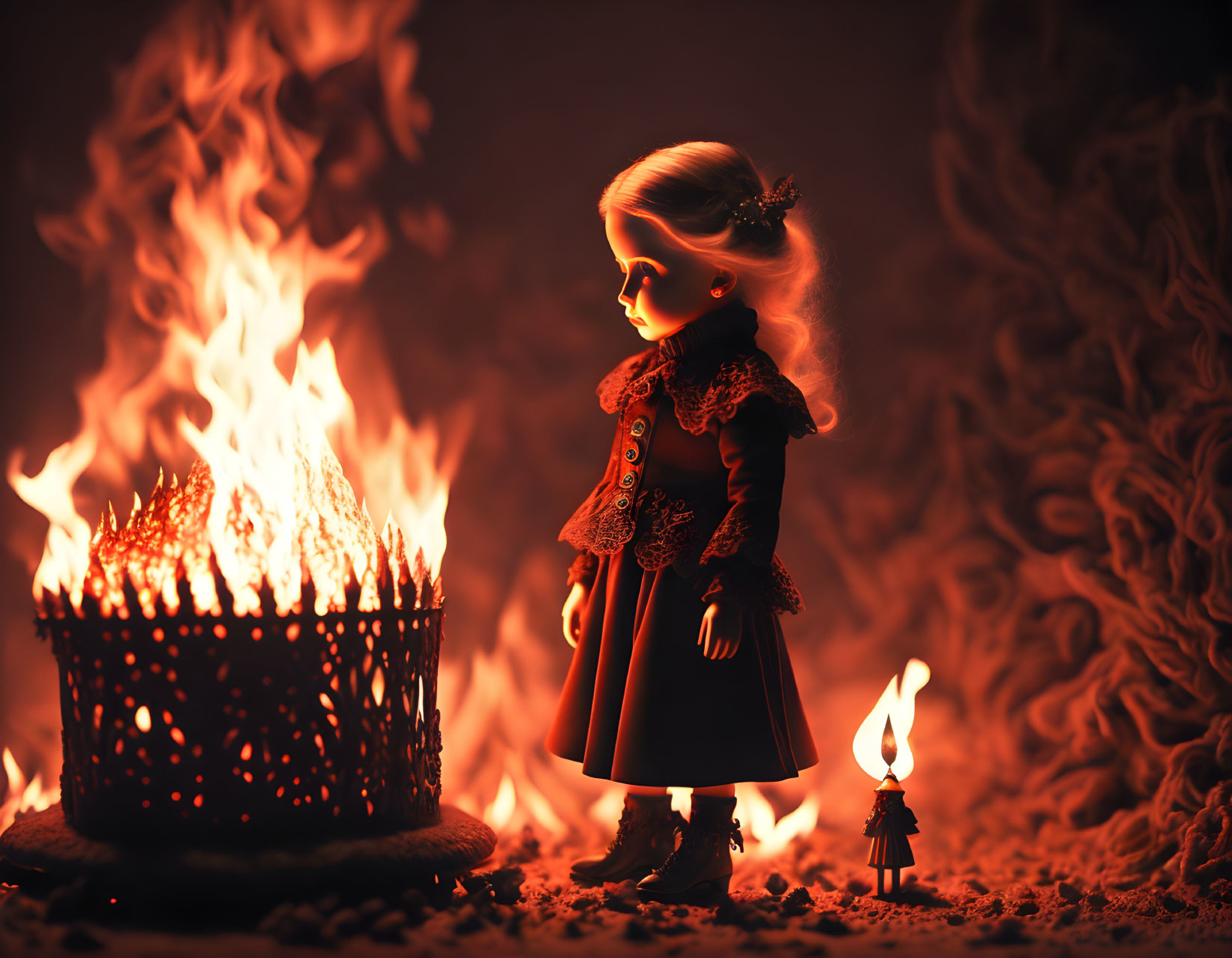 Red-coated doll by small fire in dramatic, gothic setting