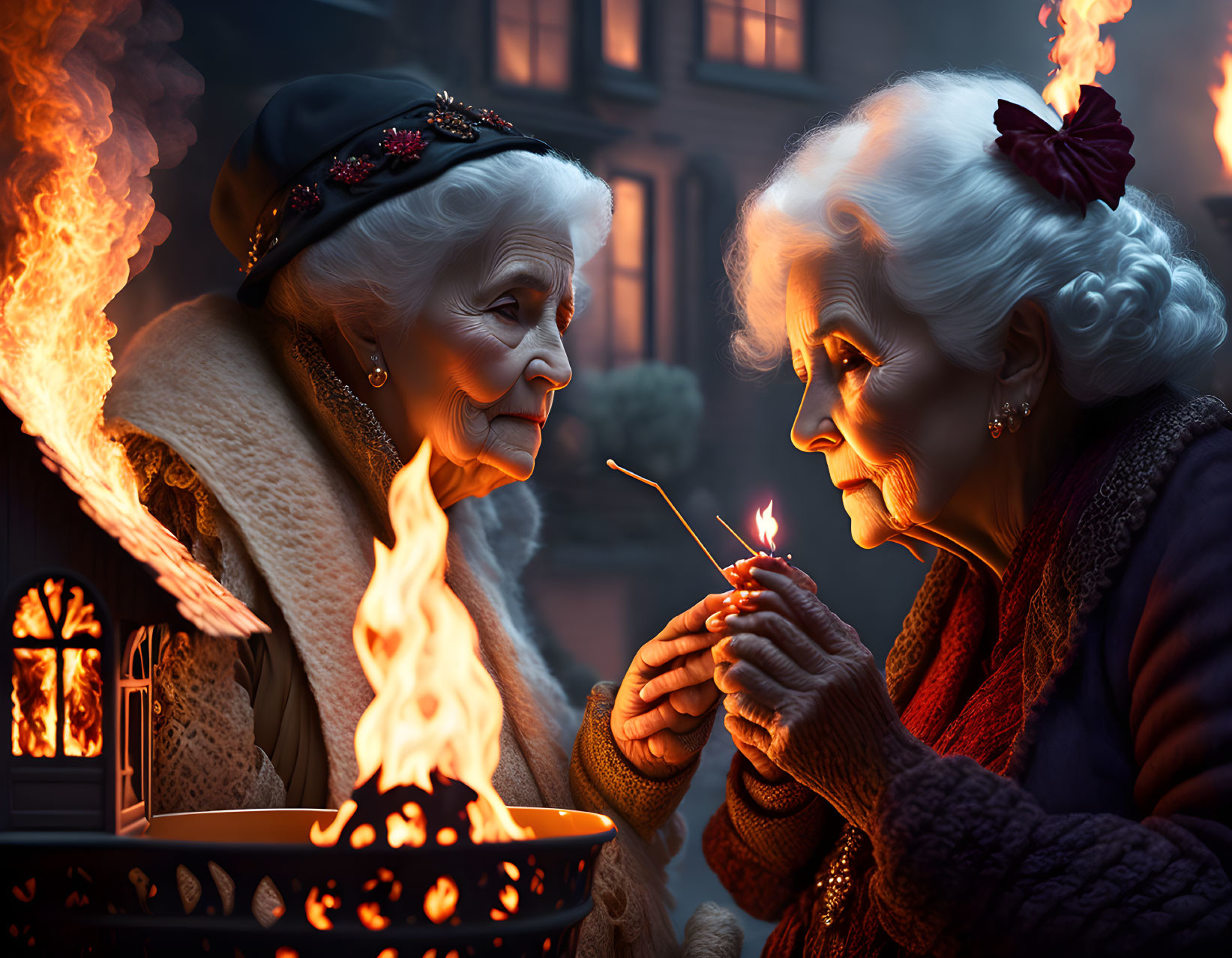 Elderly women smiling while lighting match from bowl flame