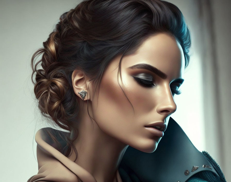 Detailed digital artwork of woman with braided hairstyle and bold makeup, featuring a studded earring and