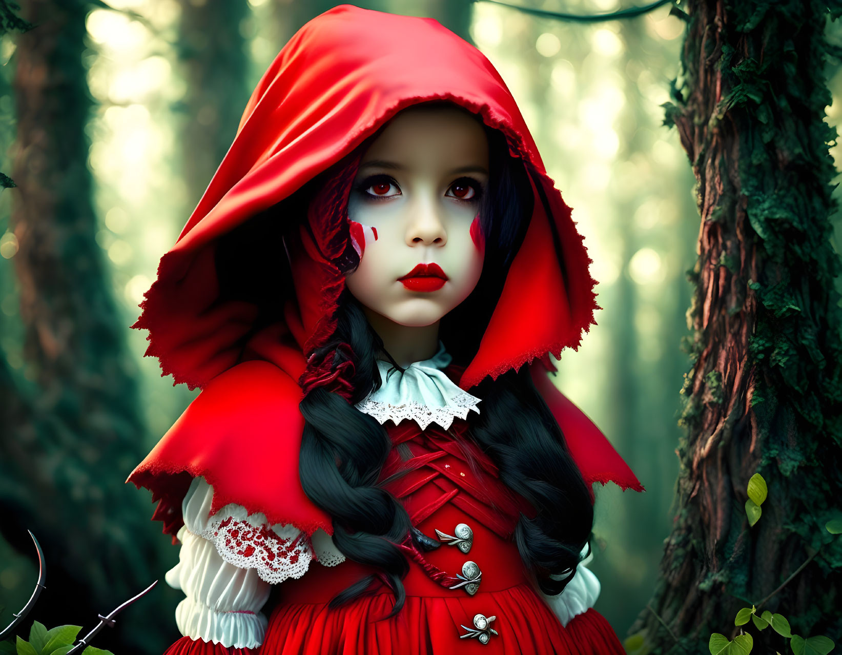 Girl in Little Red Riding Hood costume with red cape and dark hair in misty forest