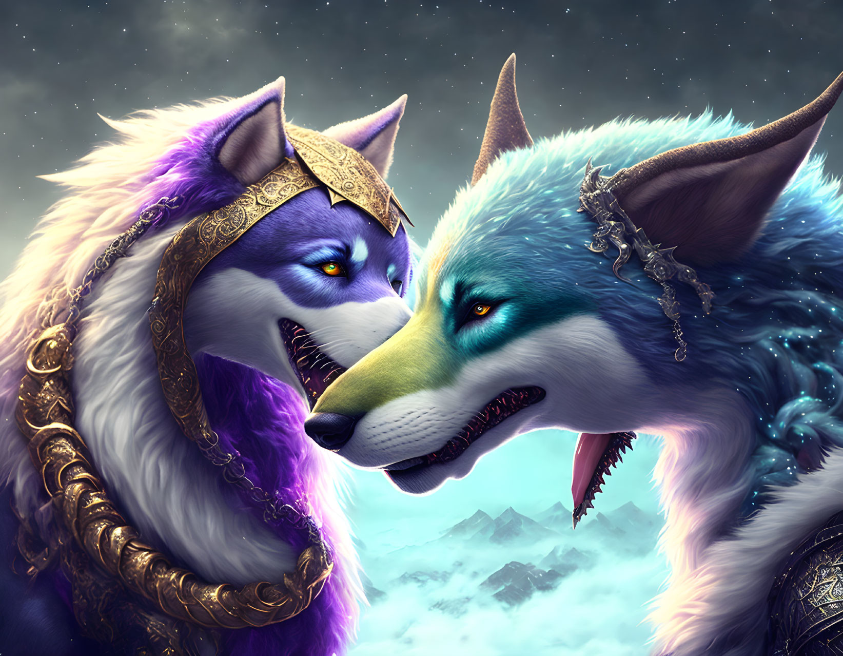 Regal fantasy wolves with intricate headdresses under starry sky