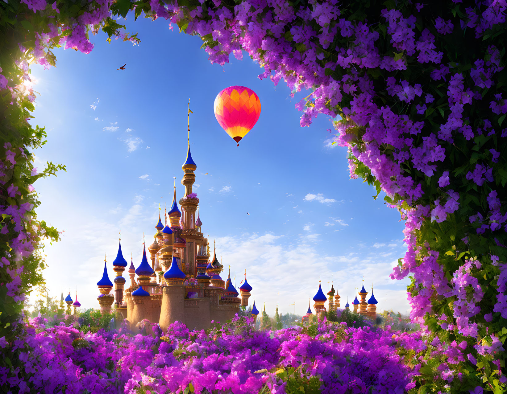 Majestic fairy tale castle with blue and gold spires amidst purple flowers and a sunny sky.