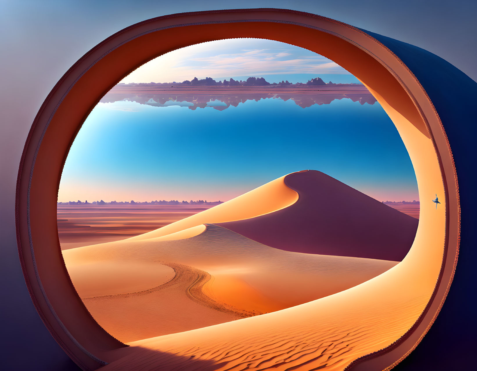 Circular frame desert landscape with sand dunes and bird in flight