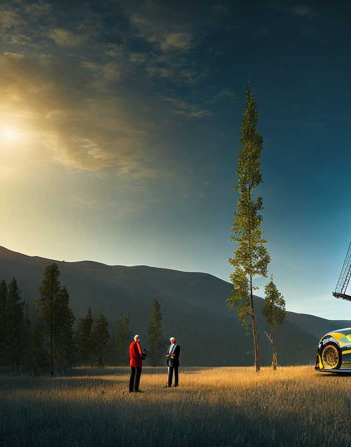 Sunset field scene with two people, tree, and futuristic vehicle.