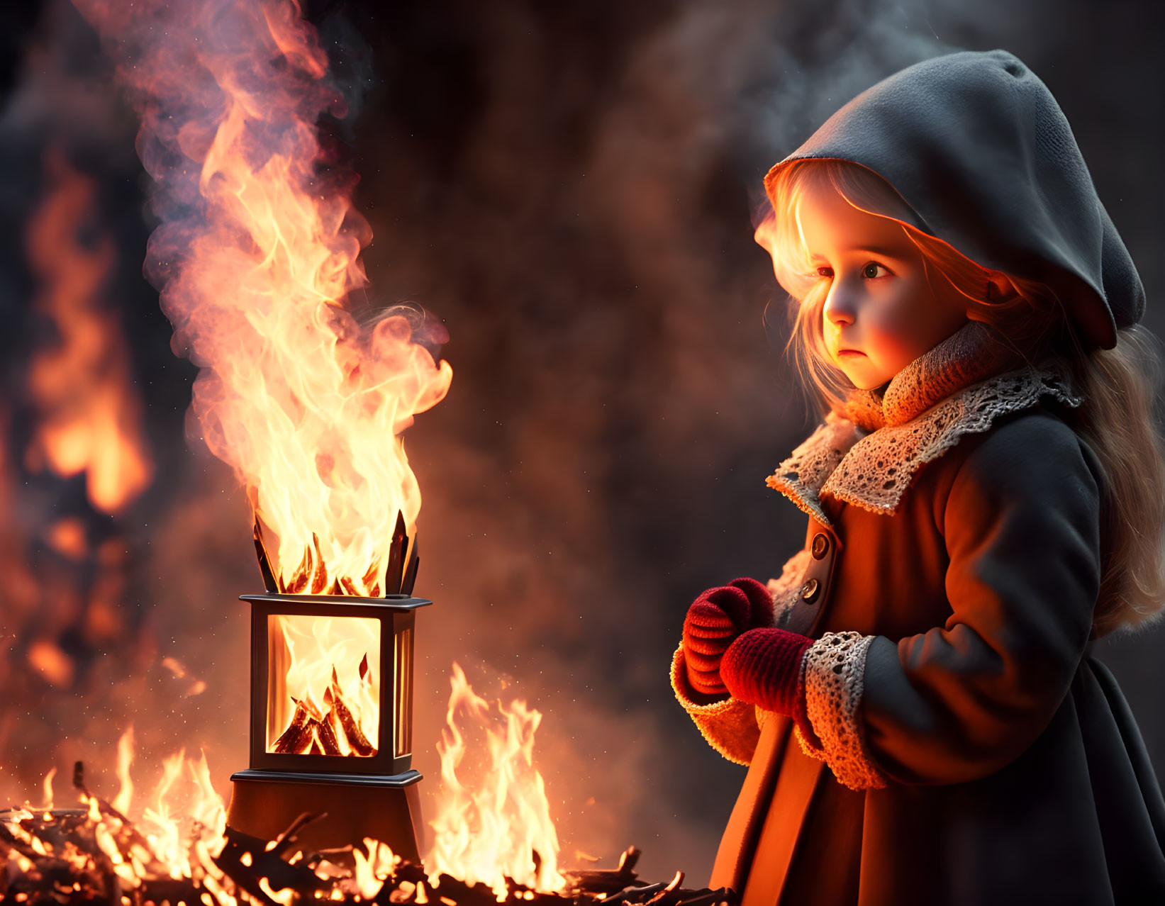 Young girl in vintage coat holding lantern gazes at fire in dark background