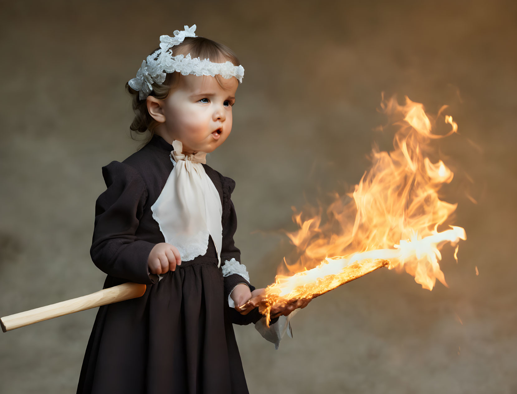 Child in vintage outfit holds flaming torch with surprised expression