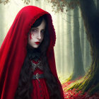 Person in Red Hooded Cloak in Misty Forest with Intricate Lace Edges