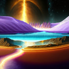 Vibrant surreal landscape with luminous river, orange land, purple terrain, and cosmic eclipse