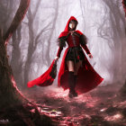 Person in red hooded cloak in mystical forest with ethereal lighting