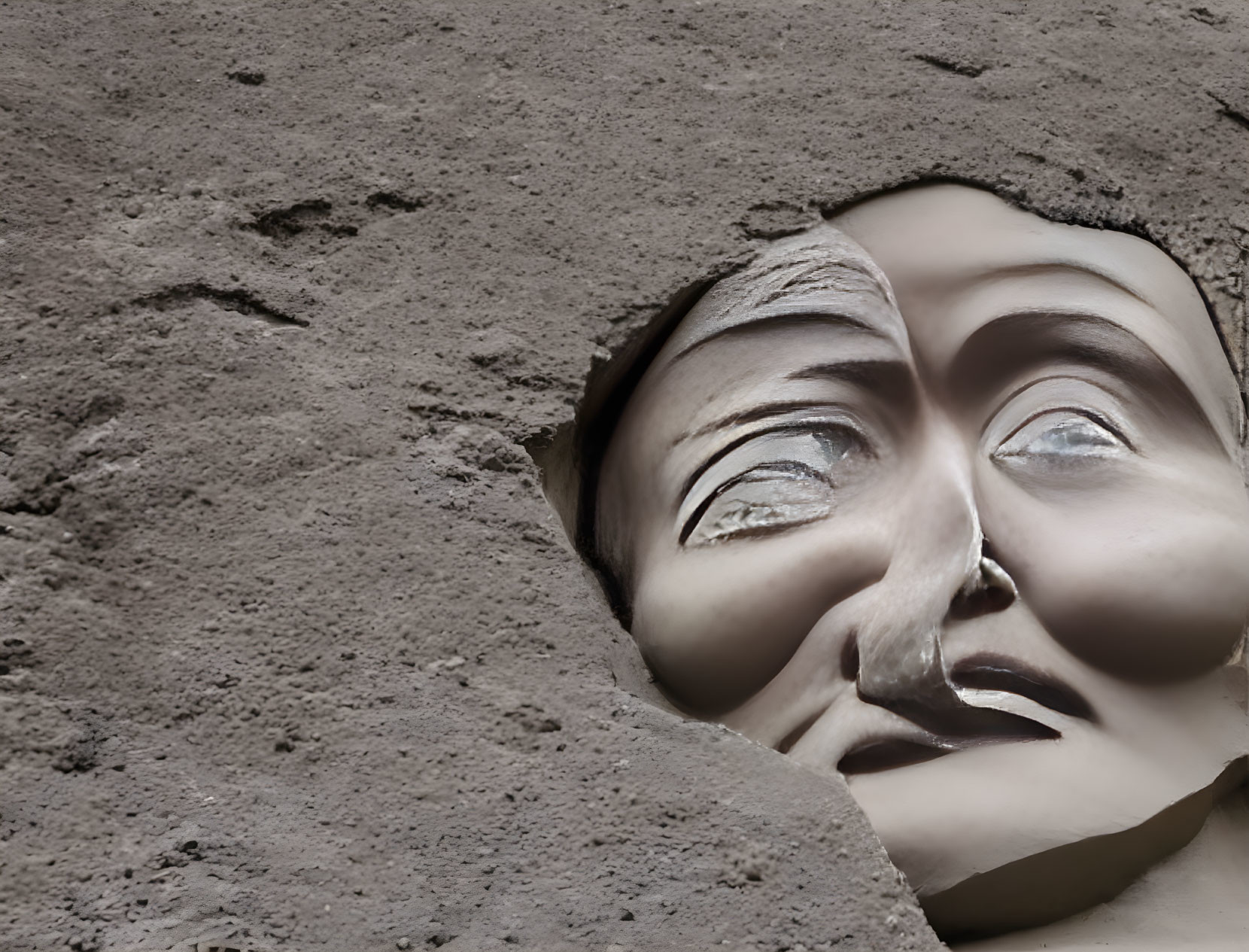 Stone wall sculpture featuring realistic human face details