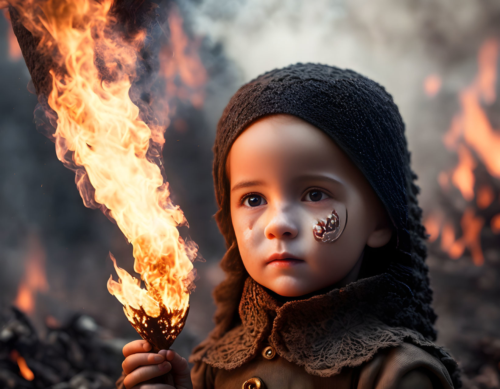 Child in knit hat and coat holding flaming torch in somber setting