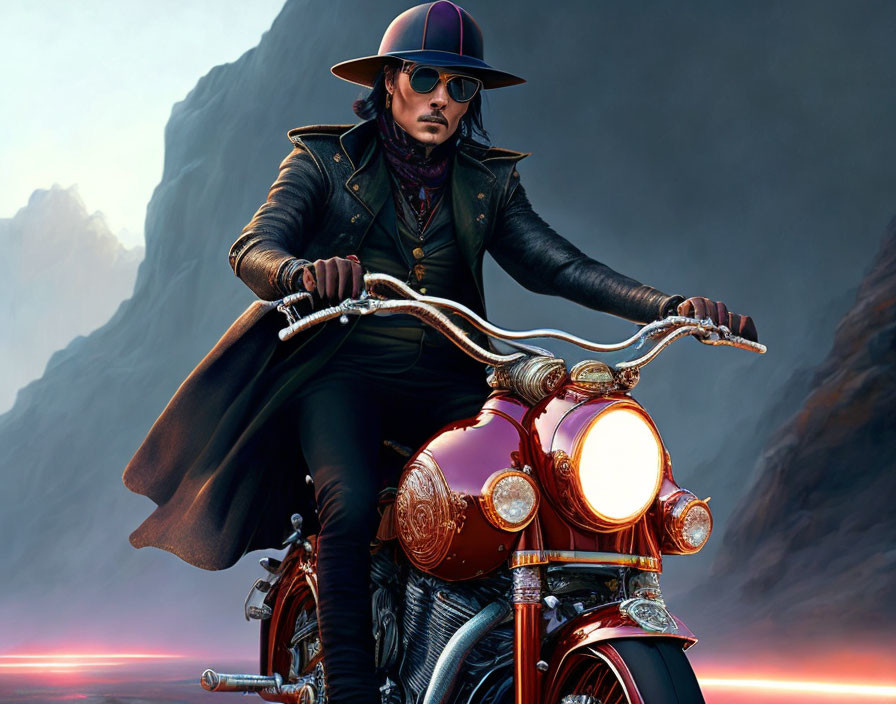 Stylized illustration: person in black coat and top hat on classic motorcycle against rocky backdrop with red