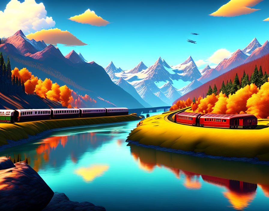 Scenic digital artwork: train in autumn landscape with river and mountains