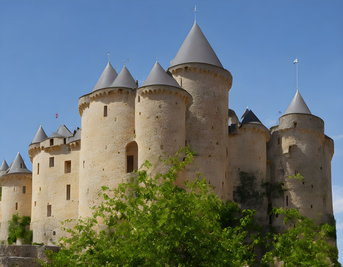 Medieval stone castle with conical-roofed towers and battlements against blue sky.