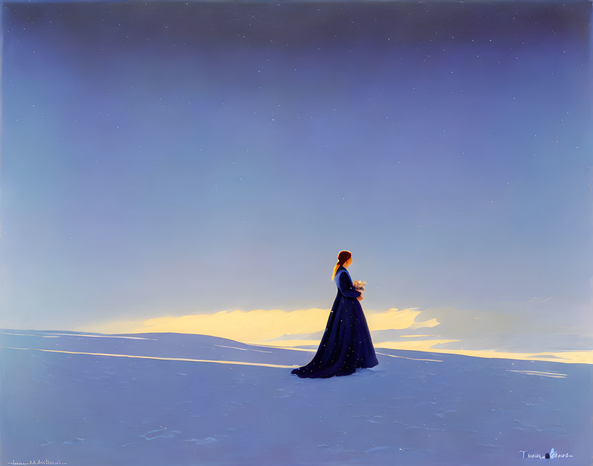 Solitary Figure in Long Dark Dress on Snowy Landscape at Twilight