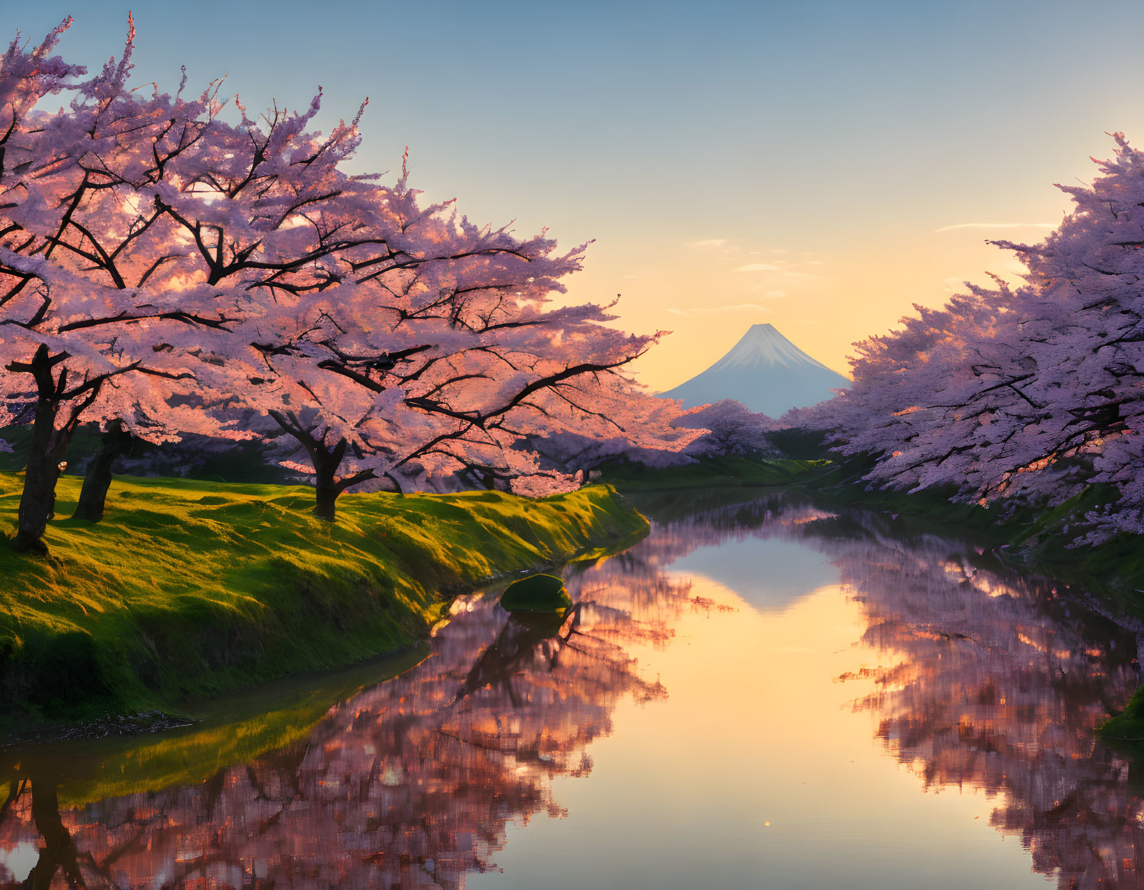 Tranquil river with cherry blossoms and Mount Fuji at sunset