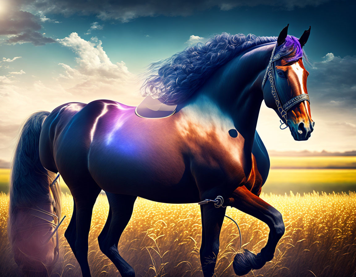 Majestic black horse with shiny coat in dramatic field scene