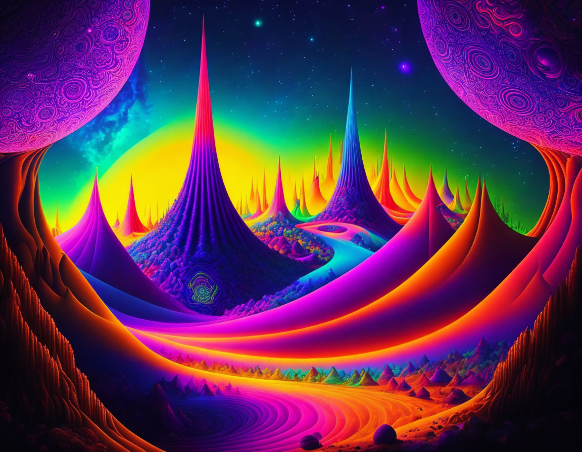 Colorful Psychedelic Landscape with Swirling Patterns and Starry Sky