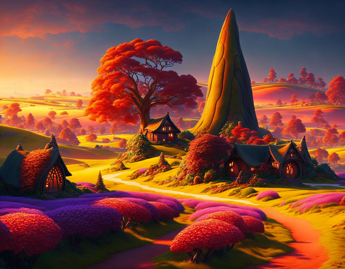 Colorful Fantasy Landscape with Whimsical Cottages & Rolling Hills