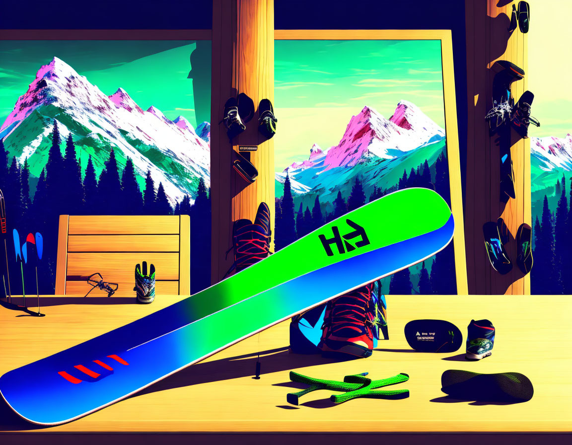 Vibrant snowboard and gear in room with snowy mountain view