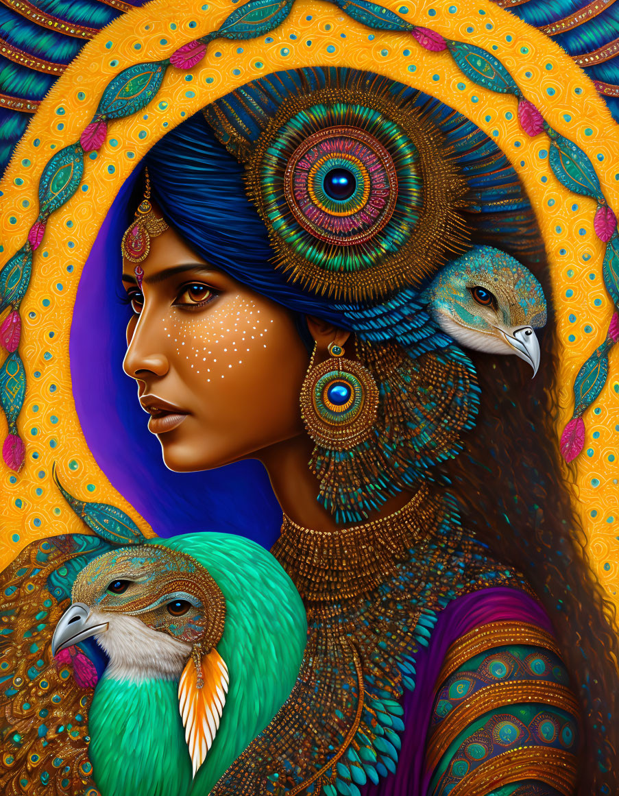 Woman with Peacock Feather Motifs and Two Peacocks in Vibrant Colors