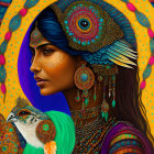 Woman with Peacock Feather Motifs and Two Peacocks in Vibrant Colors