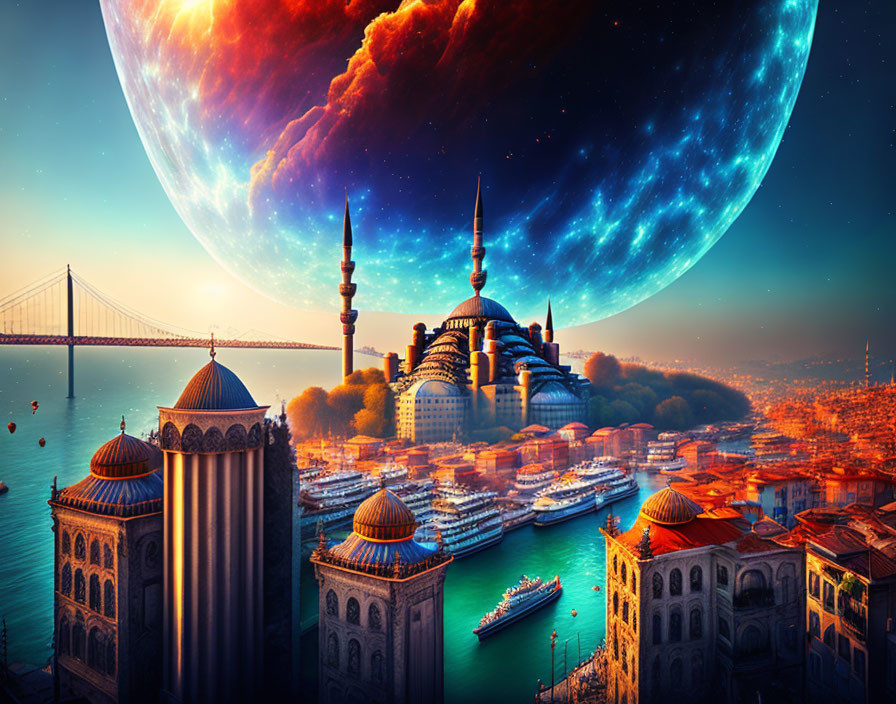 Surreal Istanbul cityscape with oversized planet and blending day-night sky