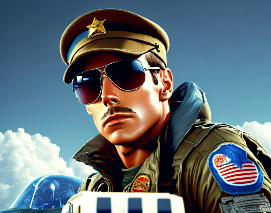 Pilot illustration with aviator sunglasses, mustache, bomber jacket, patches, clear skies, and