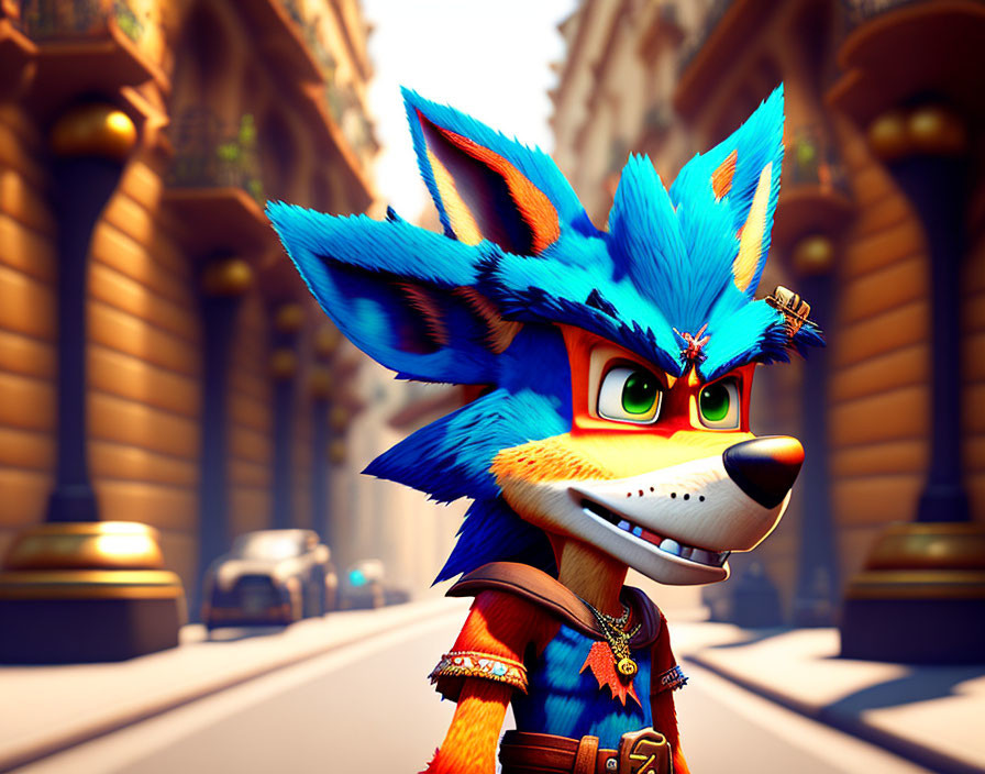 Colorful animated anthropomorphic fox in urban alleyway