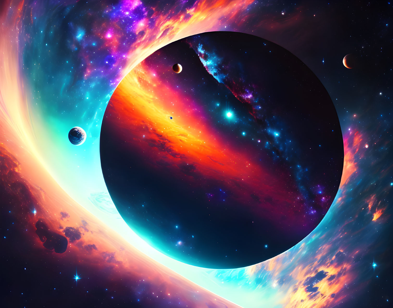 Colorful Nebula Surrounding Large Black Planet in Cosmic Scene