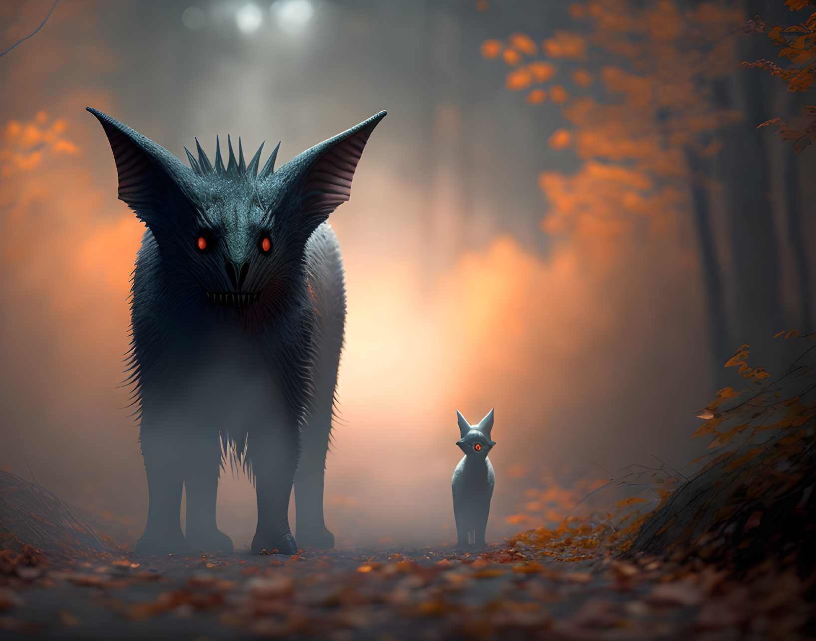 Mysterious creatures with glowing red eyes in foggy forest