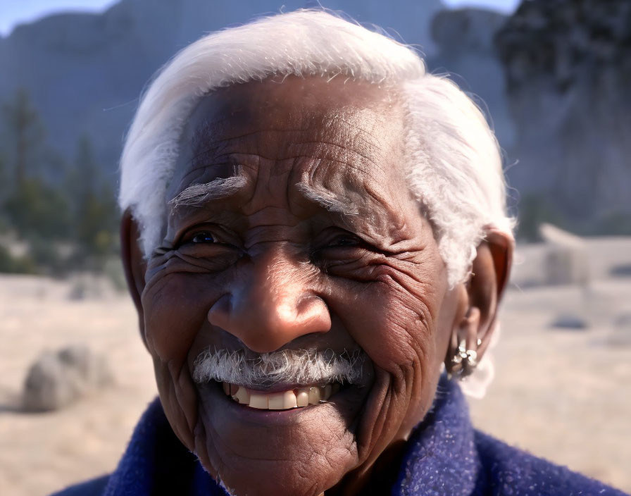 Elderly person with white hair and hearing aid in blue collar against rocky backdrop