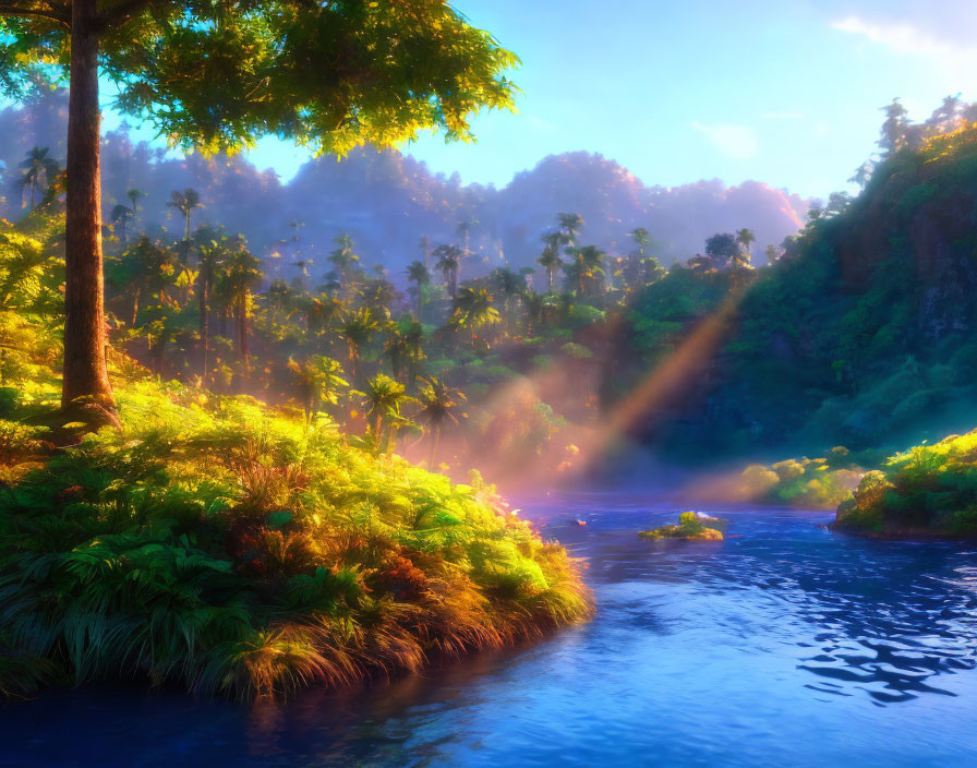 Serene Tropical Landscape with River and Sun Rays